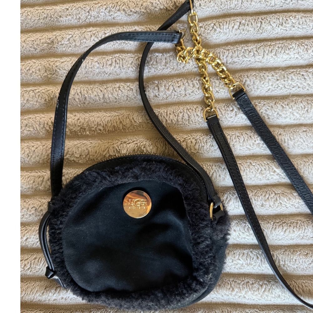 UGG Australia Black Suede Sheepskin Shearling Round Crossbody Bag Gold Chain